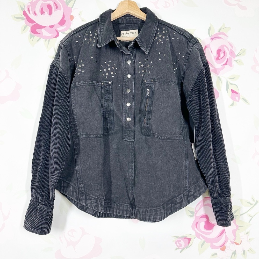 NEW Free People We The Free Lana Denim Washed Black Combo Pullover Shirt Top M